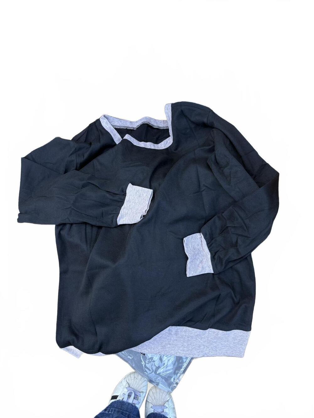 Black Grey Colorblock Long Sleeve Pullover Sweatshirt Top Medium New
